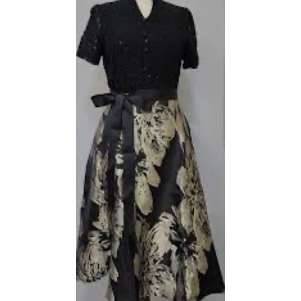 🖤 Shein Black Lace & Gold Accent Midi Dress  Jacquard Floral W/black Ribbon 2XL
